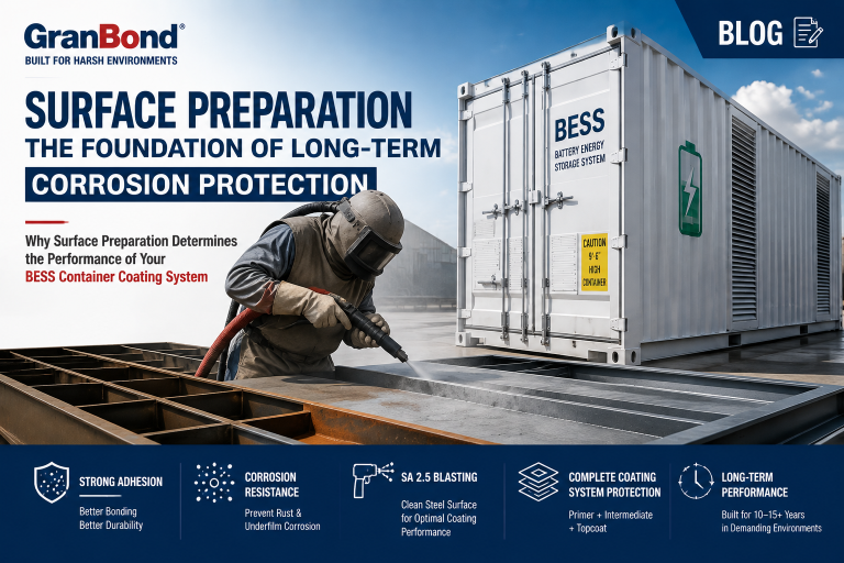 BESS container coating system with surface preparation and abrasive blasting for long-term corrosion protection