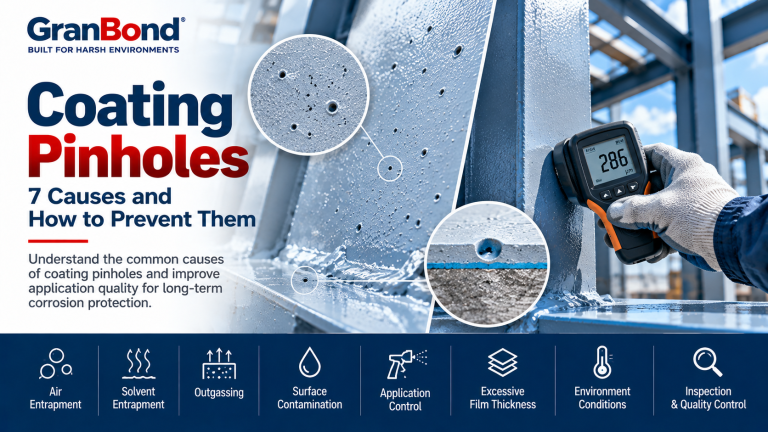 Coating Pinholes in industrial protective coatings showing surface defects, magnified pinholes and dry film thickness inspection on steel structures.