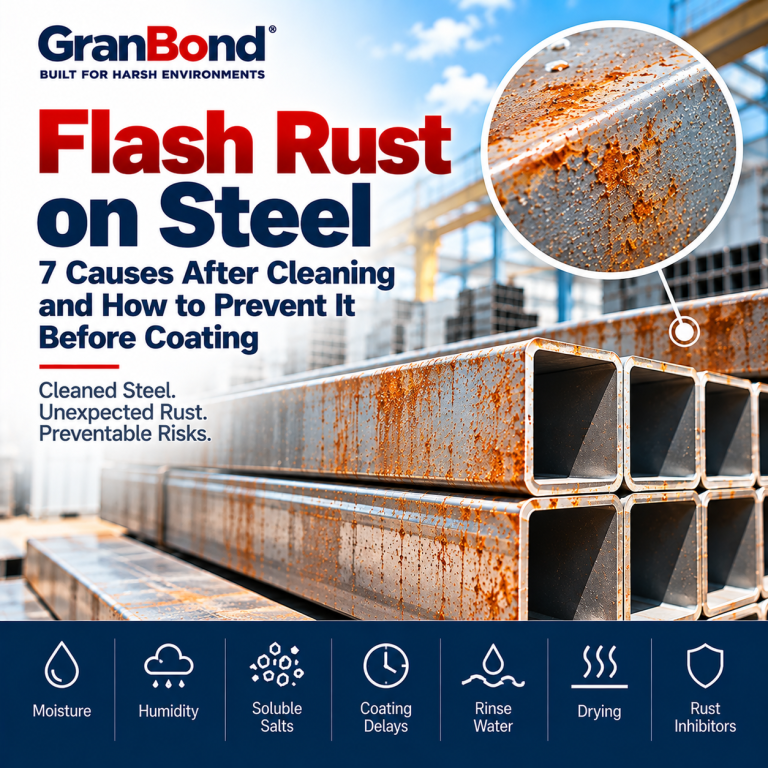 Flash Rust on Steel showing orange rust formation on cleaned square steel tubes before industrial protective coating application.
