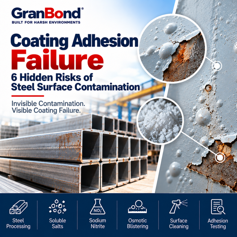Coating Adhesion Failure caused by potential steel surface contamination, showing square steel tubes, coating blistering and peeling paint