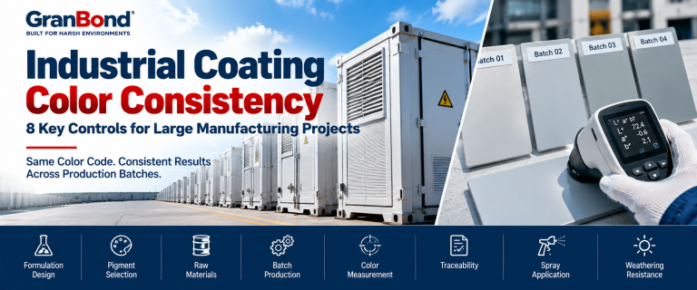 Industrial Coating Color Consistency showing BESS containers, coating color panels and spectrophotometer inspection